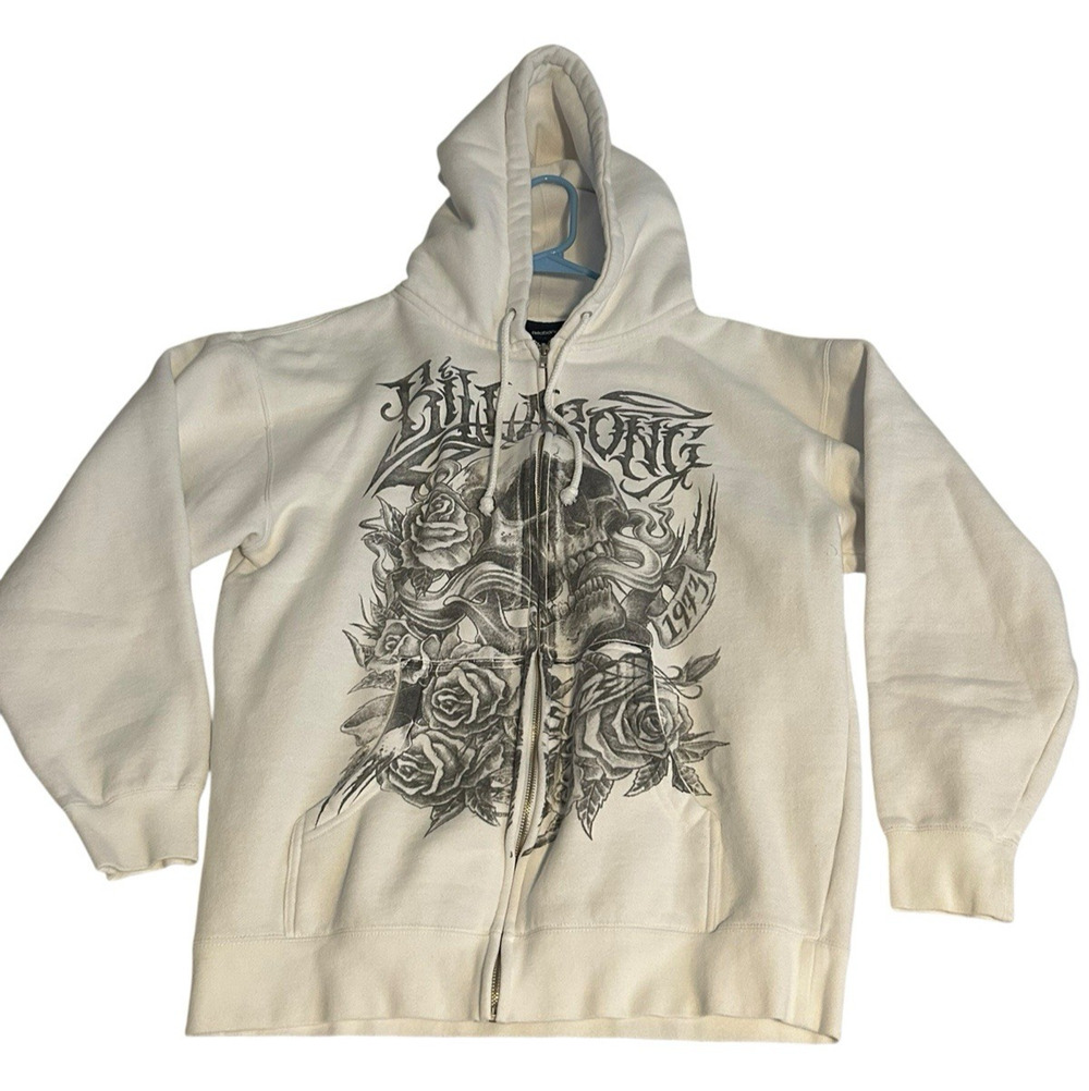 BILLABONG Spellout zip up hoodie Skull Roses Sweatshirt L Y2K 2000s Surf Skate